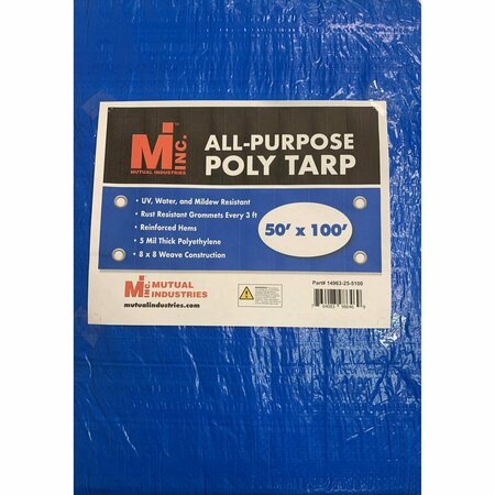 MUTUAL INDUSTRIES 50 ft x 100 ft 5 Mil Tarp, Blue, Polyethylene, UV Resistant, Mildew Resistant 14963-25-50100